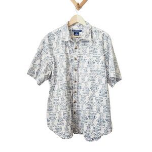 Old Navy blue white‎ hula girl ukelele regular fit mens hawaiian camp shirt XXL